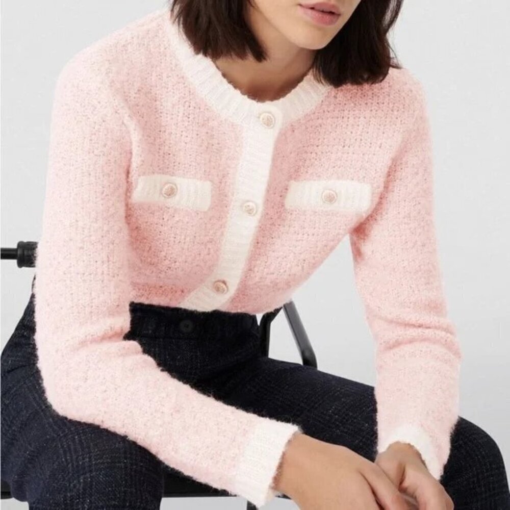 💕MAJE💕 Mission Sequin Embellished Stretch Knit Cardigan ~ Pale Pink - Picture 9 of 16